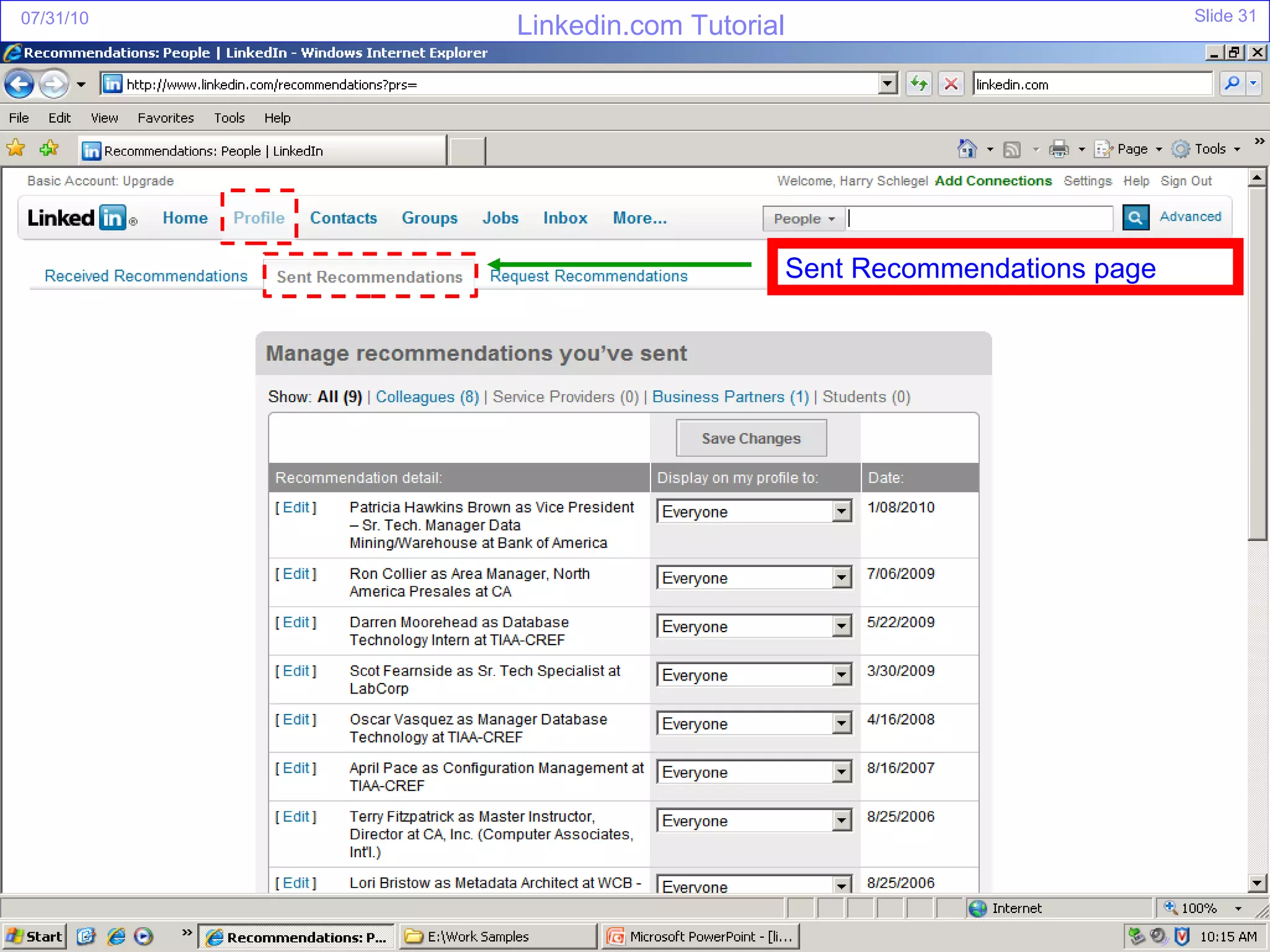 Sent Recommendations page 