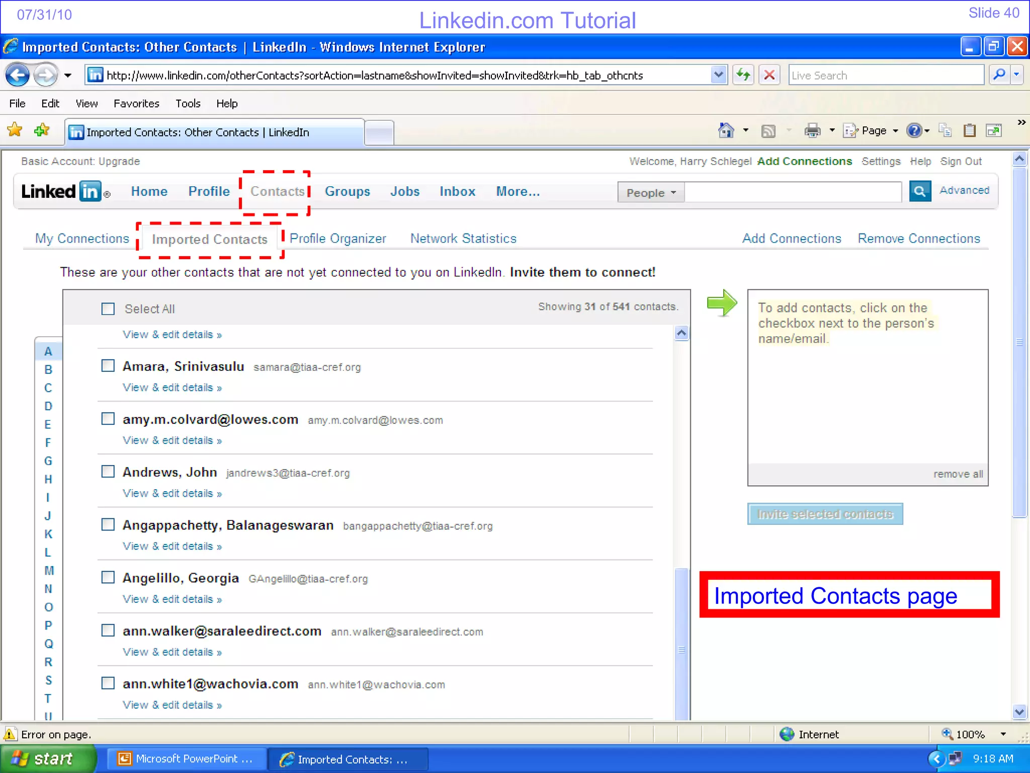 Imported Contacts page  