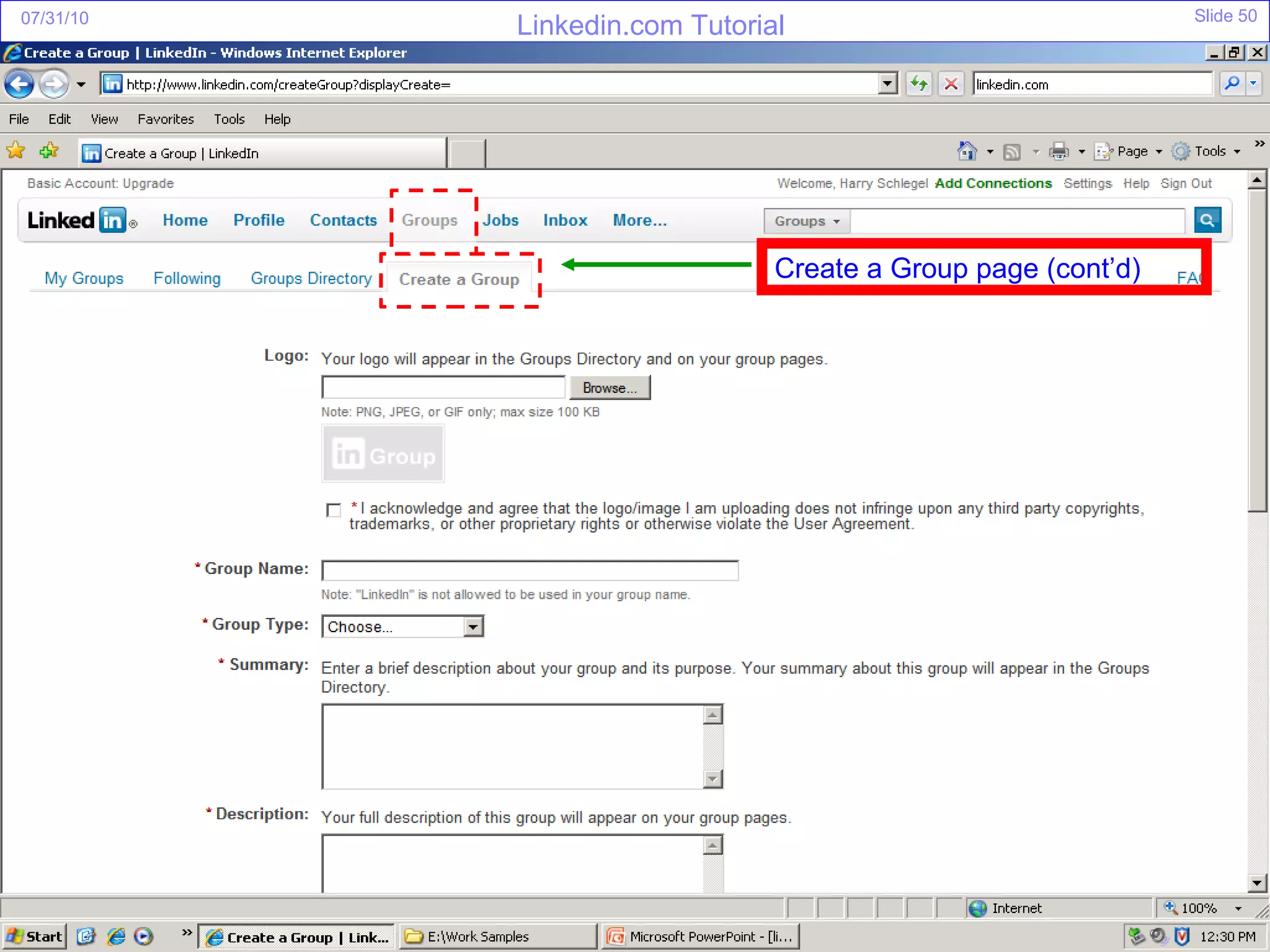 Create a Group page (cont’d) 