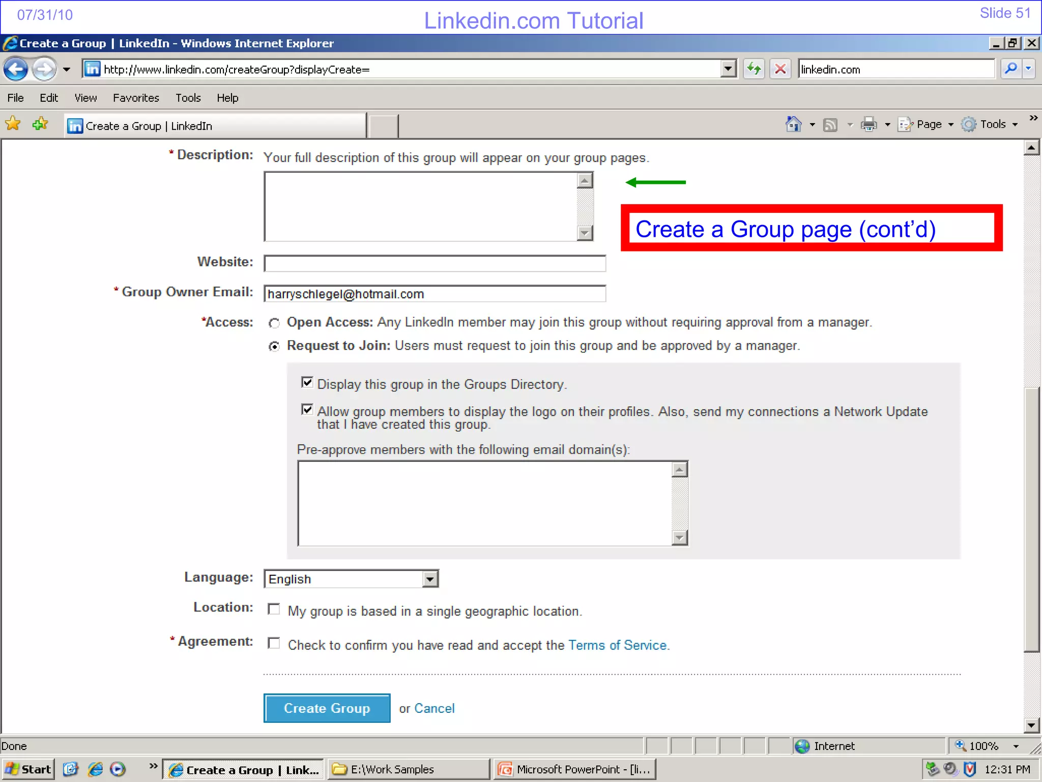 Create a Group page (cont’d) 