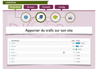 LINKEDIN 
Généralités Erreurs Conseils Config. 
Apporter du trafic sur son site 
 