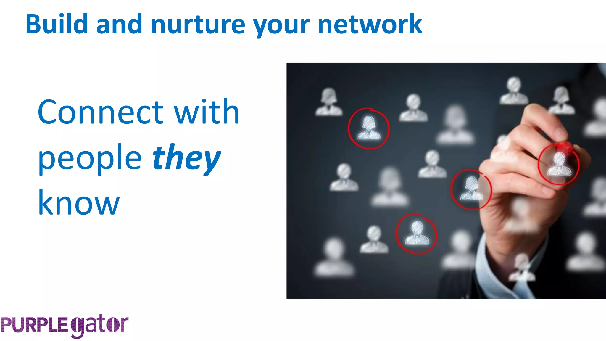 Connect with
people they
know
Build and nurture your network
 