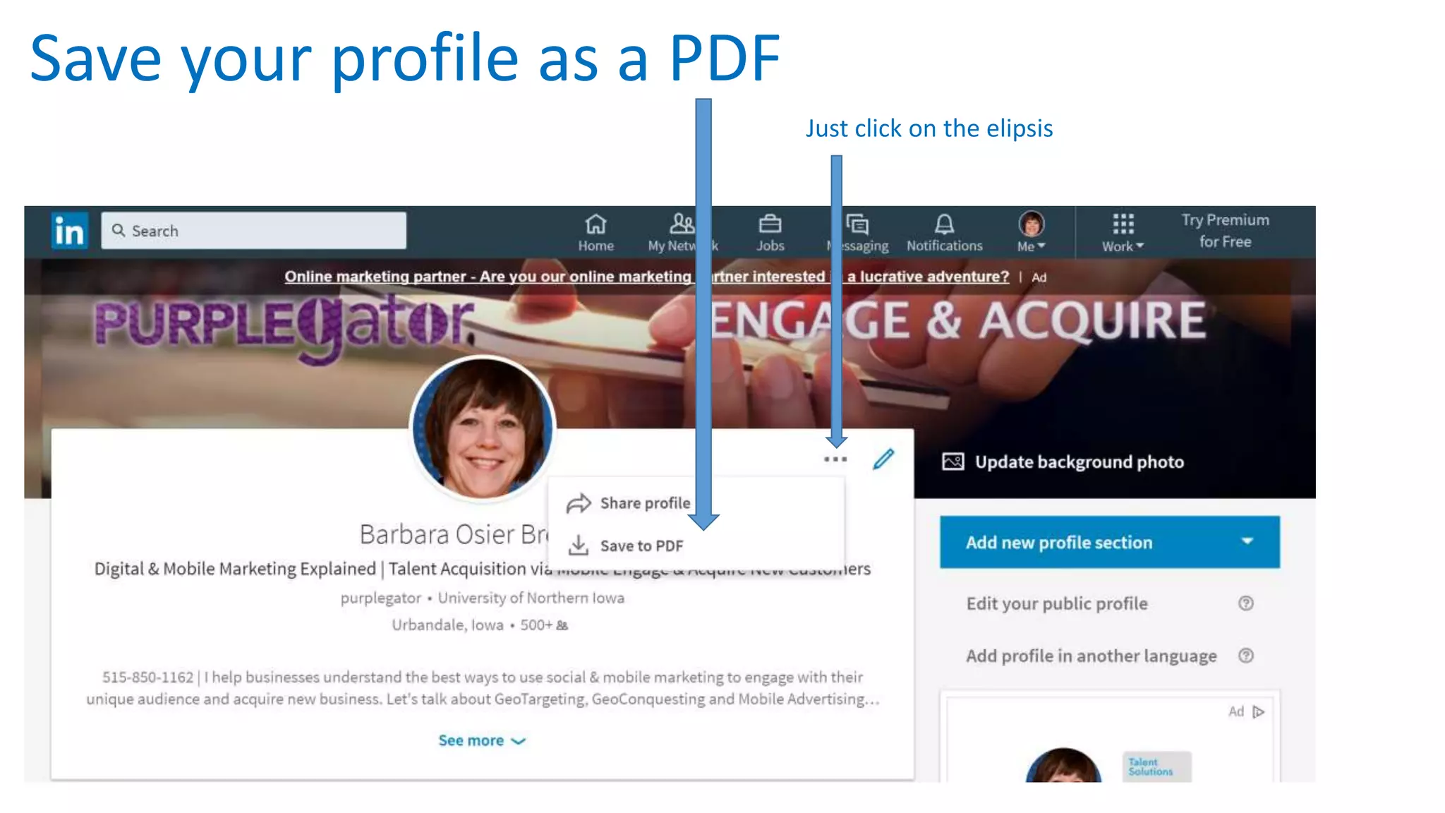 Save your profile as a PDF
Just click on the elipsis
 