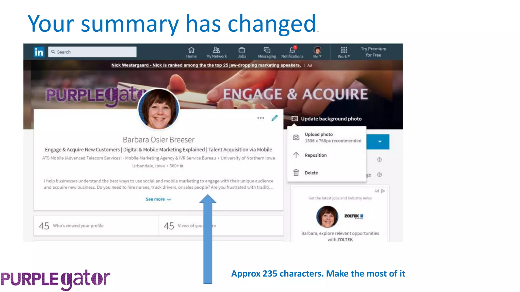 Your summary has changed.
Approx 235 characters. Make the most of it
 