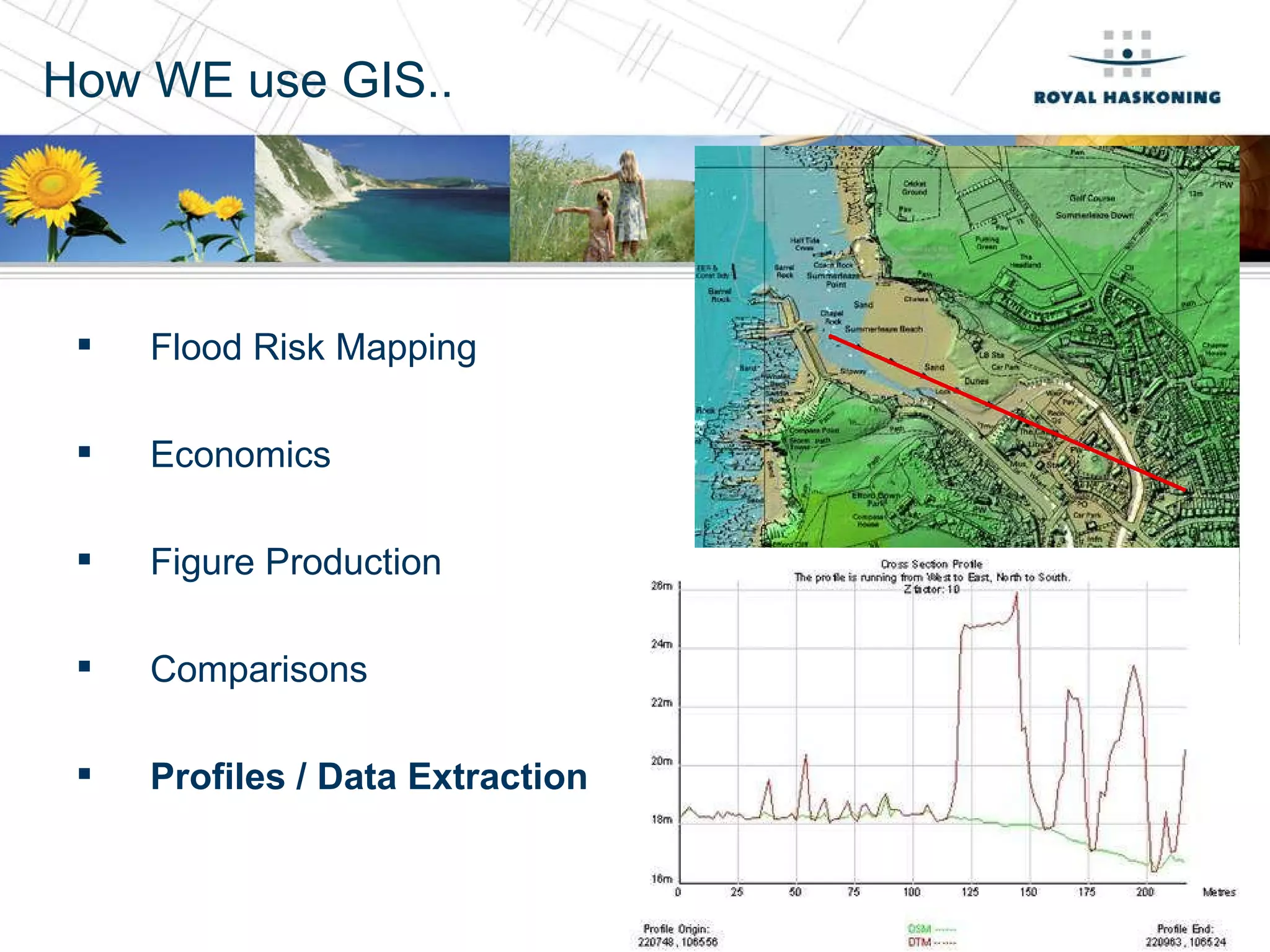 How WE use GIS.. Flood Risk Mapping Economics Figure Production Comparisons Profiles / Data Extraction 