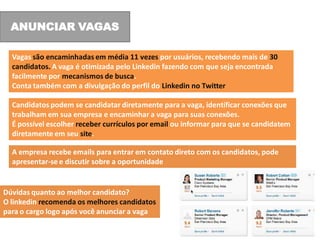 ANUNCIAR VAGAS

  Vagas são encaminhadas em média 11 vezes por usuários, recebendo mais de 30
  candidatos. A vaga é otimizada pelo Linkedin fazendo com que seja encontrada
  facilmente por mecanismos de busca.
  Conta também com a divulgação do perfil do Linkedin no Twitter

  Candidatos podem se candidatar diretamente para a vaga, identificar conexões que
  trabalham em sua empresa e encaminhar a vaga para suas conexões.
  É possível escolher receber currículos por email ou informar para que se candidatem
  diretamente em seu site.

  A empresa recebe emails para entrar em contato direto com os candidatos, pode
  apresentar-se e discutir sobre a oportunidade


Dúvidas quanto ao melhor candidato?
O linkedin recomenda os melhores candidatos
para o cargo logo após você anunciar a vaga
 