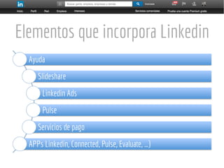 Elementos que incorpora Linkedin
Perfiles personales
Páginas de empresa
Páginas de Universidades
Grupos
Portal de empleo
L...
