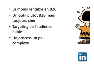 • La moins rentable en B2C
• Un outil plutôt B2B mais
toujours cher
• Targeting de l’audience
faible
• Un process un peu
complexe
 