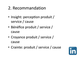 2. Recommandation
• Insight: percepSon produit /
service / cause
• Bénéﬁce produit / service /
cause
• Croyance produit / service /
cause
• Crainte: produit / service / cause
 