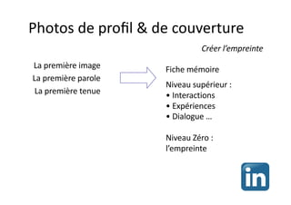 Photos de proﬁl & de couverture
La première image
La première parole
La première tenue
Créer l’empreinte
Fiche mémoire
Niveau supérieur :
• Interactions
• Expériences
• Dialogue …
Niveau Zéro :
l’empreinte
 