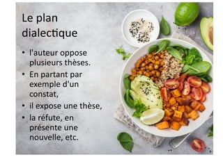 Le plan
dialecJque
• l'auteur oppose
plusieurs thèses.
• En partant par
exemple d'un
constat,
• il expose une thèse,
• la réfute, en
présente une
nouvelle, etc.
 