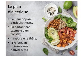 Le plan
dialectique
• l'auteur oppose
plusieurs thèses.
• En partant par
exemple d'un
constat,
• il expose une thèse,
• la réfute, en
présente une
nouvelle, etc.
 