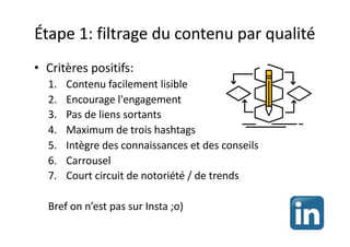 Étape 1: filtrage du contenu par qualité
• Critères positifs:
1. Contenu facilement lisible
2. Encourage l'engagement
3. Pas de liens sortants
4. Maximum de trois hashtags
5. Intègre des connaissances et des conseils
6. Carrousel
7. Court circuit de notoriété / de trends
Bref on n’est pas sur Insta ;o)
 