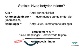 Statisik: Hvad betyder tallene?
Klik = Antal der har klikket
Annoncevisninger = Hvor mange gange er det vist
(impressions)
Handlinger = Antal Likes, kommentar el delinger
Engagement % =
Kliks+ Handlinger + erhvervede følgere
--------------------------------------
Annoncevisninger
 