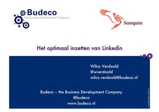Het optimaal inzetten van Linkedin


                          Wilco Verdoold
                          @wverdoold
                          wilco.verdoold@budeco.nl




                                                      © Copyright 2009 - Budeco B.V.
 Budeco – the Business Development Company
                  @budeco
               www.budeco.nl
 