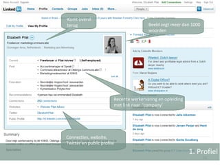 1. Profiel Komt overal terug Recente werkervaring en opleiding  met link naar  ‘company’ Connecties, website, Twitter en public profile Beeld zegt meer dan 1000 woorden 