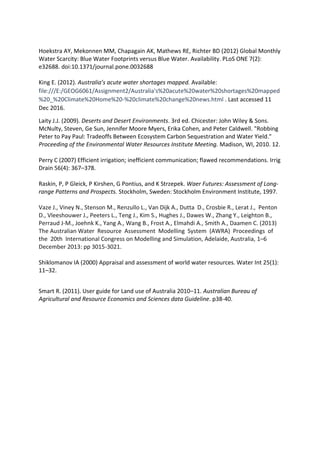 Hoekstra AY, Mekonnen MM, Chapagain AK, Mathews RE, Richter BD (2012) Global Monthly
Water Scarcity: Blue Water Footprints versus Blue Water. Availability. PLoS ONE 7(2):
e32688. doi:10.1371/journal.pone.0032688
King E. (2012). Australia’s acute water shortages mapped. Available:
file:///E:/GEOG6061/Assignment2/Australia's%20acute%20water%20shortages%20mapped
%20_%20Climate%20Home%20-%20climate%20change%20news.html . Last accessed 11
Dec 2016.
Laity J.J. (2009). Deserts and Desert Environments. 3rd ed. Chicester: John Wiley & Sons.
McNulty, Steven, Ge Sun, Jennifer Moore Myers, Erika Cohen, and Peter Caldwell. "Robbing
Peter to Pay Paul: Tradeoffs Between Ecosystem Carbon Sequestration and Water Yield."
Proceeding of the Environmental Water Resources Institute Meeting. Madison, WI, 2010. 12.
Perry C (2007) Efficient irrigation; inefficient communication; flawed recommendations. Irrig
Drain 56(4): 367–378.
Raskin, P, P Gleick, P Kirshen, G Pontius, and K Strzepek. Waer Futures: Assessment of Long-
range Patterns and Prospects. Stockholm, Sweden: Stockholm Environment Institute, 1997.
Vaze J., Viney N., Stenson M., Renzullo L., Van Dijk A., Dutta D., Crosbie R., Lerat J., Penton
D., Vleeshouwer J., Peeters L., Teng J., Kim S., Hughes J., Dawes W., Zhang Y., Leighton B.,
Perraud J-M., Joehnk K., Yang A., Wang B., Frost A., Elmahdi A., Smith A., Daamen C. (2013)
The Australian Water Resource Assessment Modelling System (AWRA) Proceedings of
the 20th International Congress on Modelling and Simulation, Adelaide, Australia, 1–6
December 2013: pp 3015-3021.
Shiklomanov IA (2000) Appraisal and assessment of world water resources. Water Int 25(1):
11–32.
Smart R. (2011). User guide for Land use of Australia 2010–11. Australian Bureau of
Agricultural and Resource Economics and Sciences data Guideline. p38-40.
 
