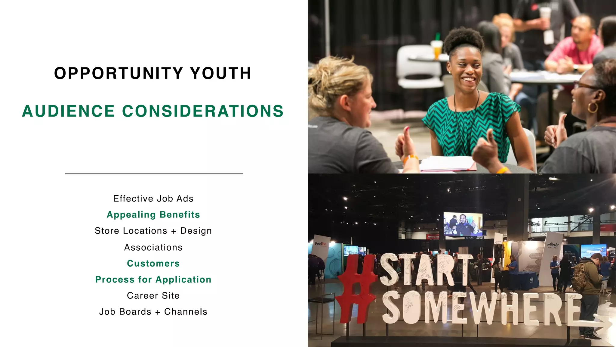 OPPORTUNITY YOUTH
AUDIENCE CONSIDERATIONS
Effective Job Ads
Appealing Benefits
Store Locations + Design
Associations
Customers
Process for Application
Career Site
Job Boards + Channels
 