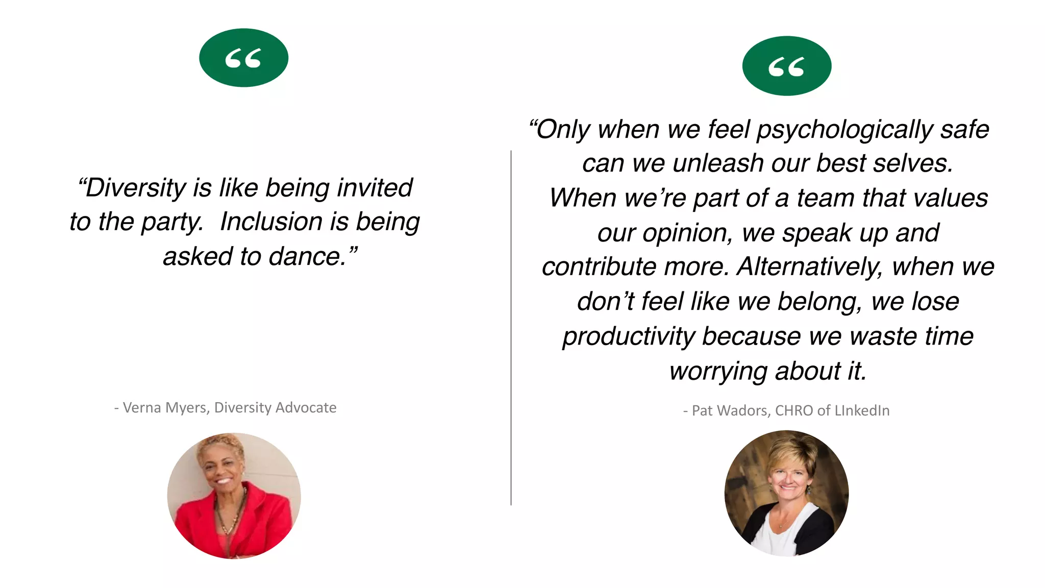 “Diversity is like being invited
to the party. Inclusion is being
asked to dance.”
- Verna	Myers,	Diversity	Advocate
“Only when we feel psychologically safe
can we unleash our best selves.
When we’re part of a team that values
our opinion, we speak up and
contribute more. Alternatively, when we
don’t feel like we belong, we lose
productivity because we waste time
worrying about it.
- Pat	Wadors,	CHRO	of	LInkedIn
 