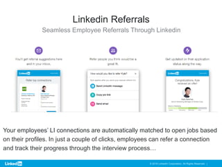 © 2016 LinkedIn Corporation. All Rights Reserved. |
Linkedin Referrals
Seamless Employee Referrals Through Linkedin
19
You...
