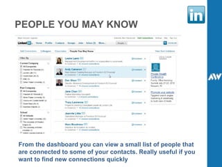 PEOPLE YOU MAY KNOW From the dashboard you can view a small list of people that are connected to some of your contacts. Really useful if you want to find new connections quickly 