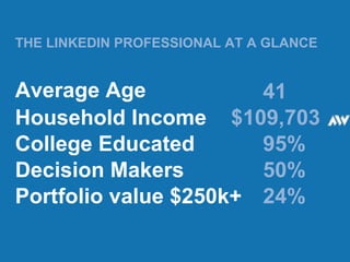 THE LINKEDIN PROFESSIONAL AT A GLANCE Average Age 41 Household Income College Educated Decision Makers Portfolio value $250k+ $109,703 95% 50% 24% 