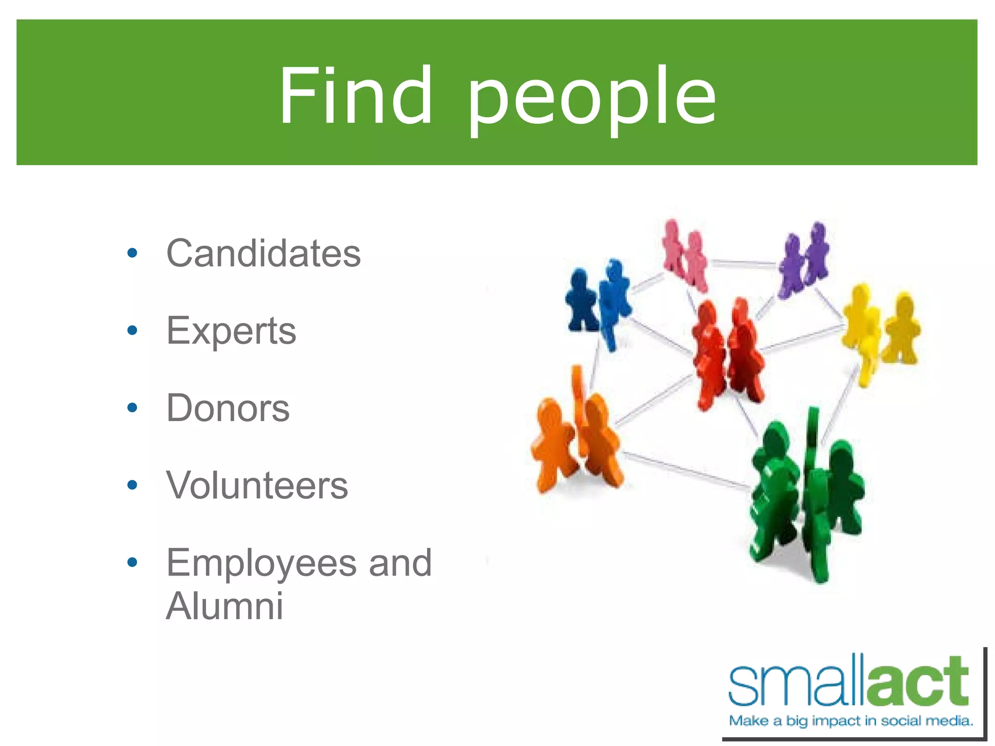 Find people Candidates Experts Donors Volunteers Employees and Alumni 