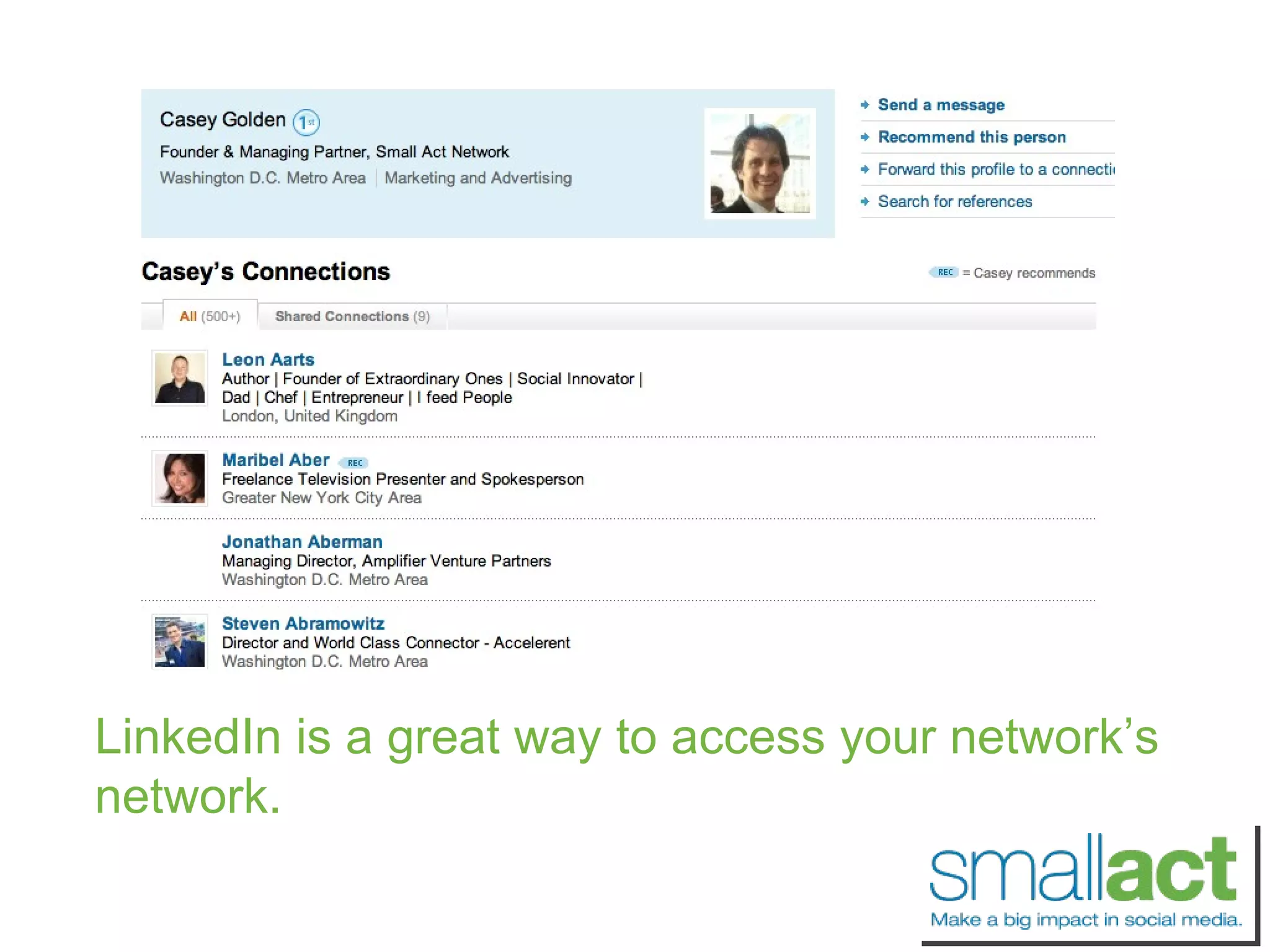 LinkedIn is a great way to access your network’s network. 
