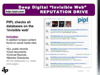 Deep Digital “Invisible Web”
http://pipl.com/    REPUTATION DRIVE

PIPL checks all
databases on the
‘invisible web’
Includes:
In addition to basic content
found on social media sites
…
•ALL public records
•Court documents
•Criminal Records
•Member Directories
All Via databases vs. static
web pages

                                   10/19/12   10
 