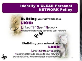 Identify a CLEAR Personal
                 NETWORK Policy

       Building your network as a
       LION:
       LION
       Linked *In*Open*Network
       ●Indiscriminately add people to your network




        B uilding your network as a
                            LAMB:
                            LAMB
              Link *All*Major*Buddies
  ●Discriminately add people to your network –
typical folks you would consider recommending    10/19/12   13
 