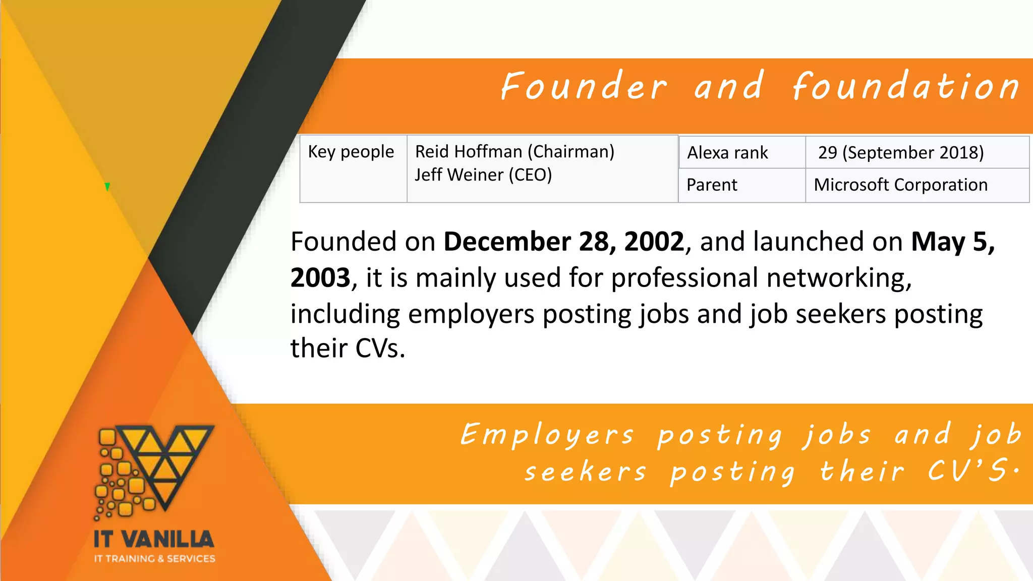 Employers posting jobs and job
seekers posting their CV’S.
Founder and foundation
Founded on December 28, 2002, and launched on May 5,
2003, it is mainly used for professional networking,
including employers posting jobs and job seekers posting
their CVs.
Alexa rank 29 (September 2018)Key people Reid Hoffman (Chairman)
Jeff Weiner (CEO)
Parent Microsoft Corporation
 
