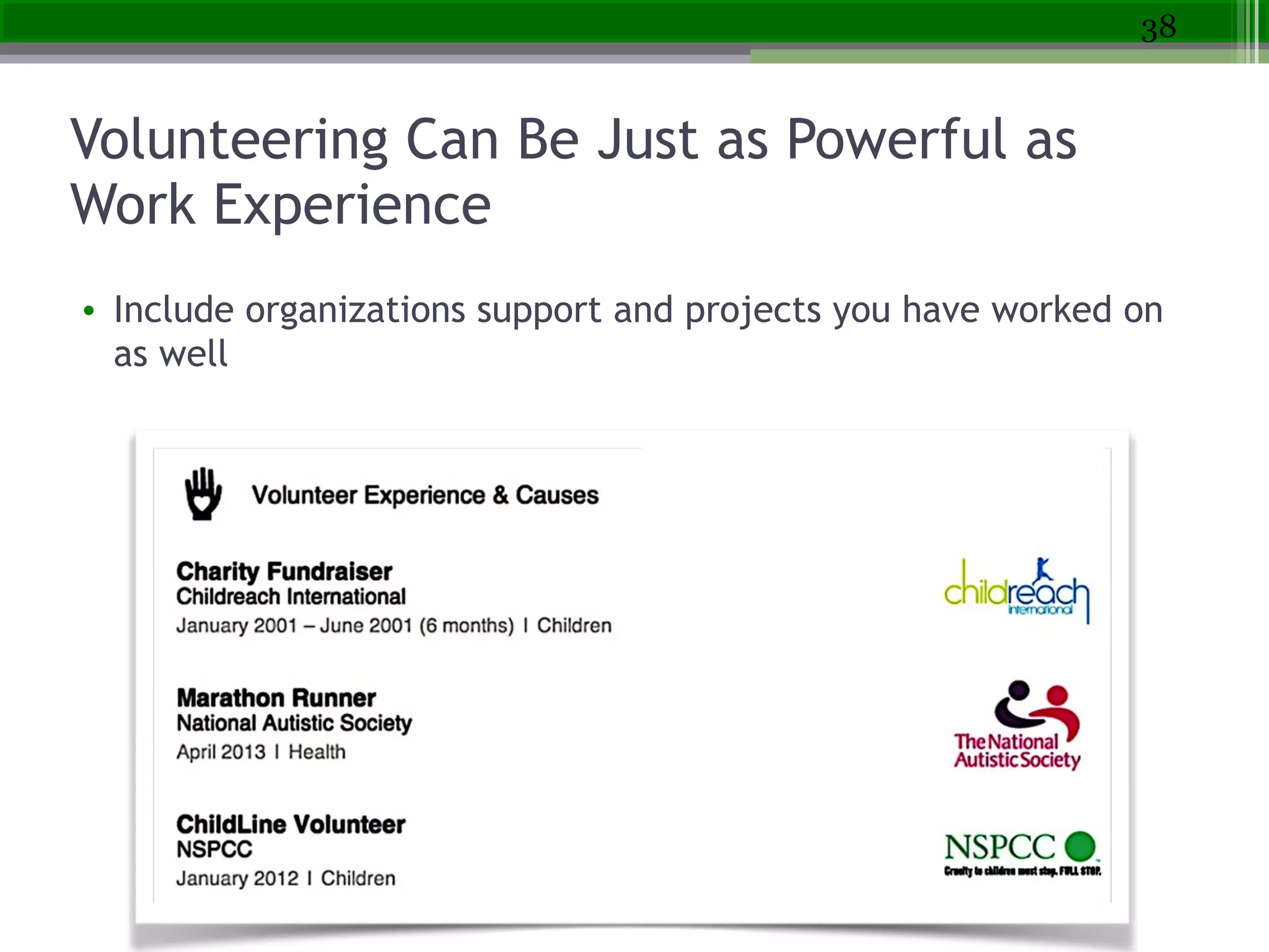 Volunteering Can Be Just as Powerful as
Work Experience
• Include organizations support and projects you have worked on
as well
38
 