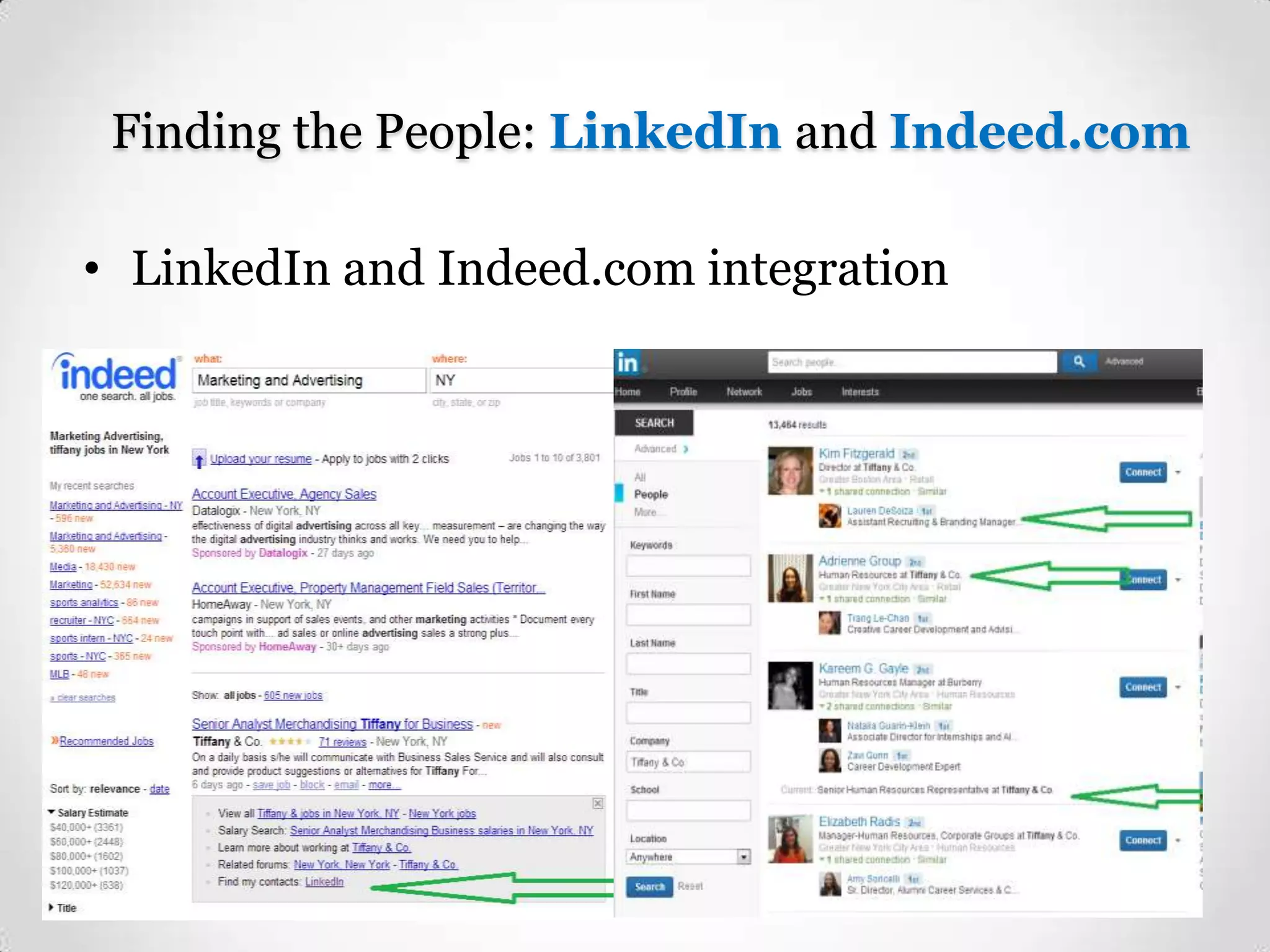 Finding the People: LinkedIn and Indeed.com
• LinkedIn and Indeed.com integration

 