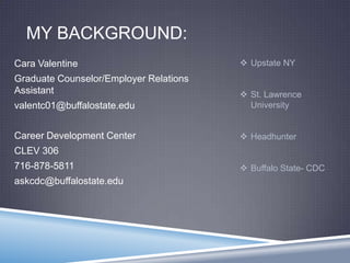 MY BACKGROUND:
Cara Valentine
Graduate Counselor/Employer Relations
Assistant
valentc01@buffalostate.edu
Career Development Center
CLEV 306
716-878-5811
askcdc@buffalostate.edu
 Upstate NY
 St. Lawrence
University
 Headhunter
 Buffalo State- CDC
 