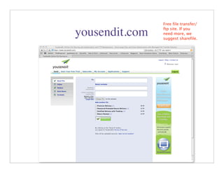 Free file transfer/
                ftp site. If you
yousendit.com   need more, we
                suggest sharefile.




                      34
 