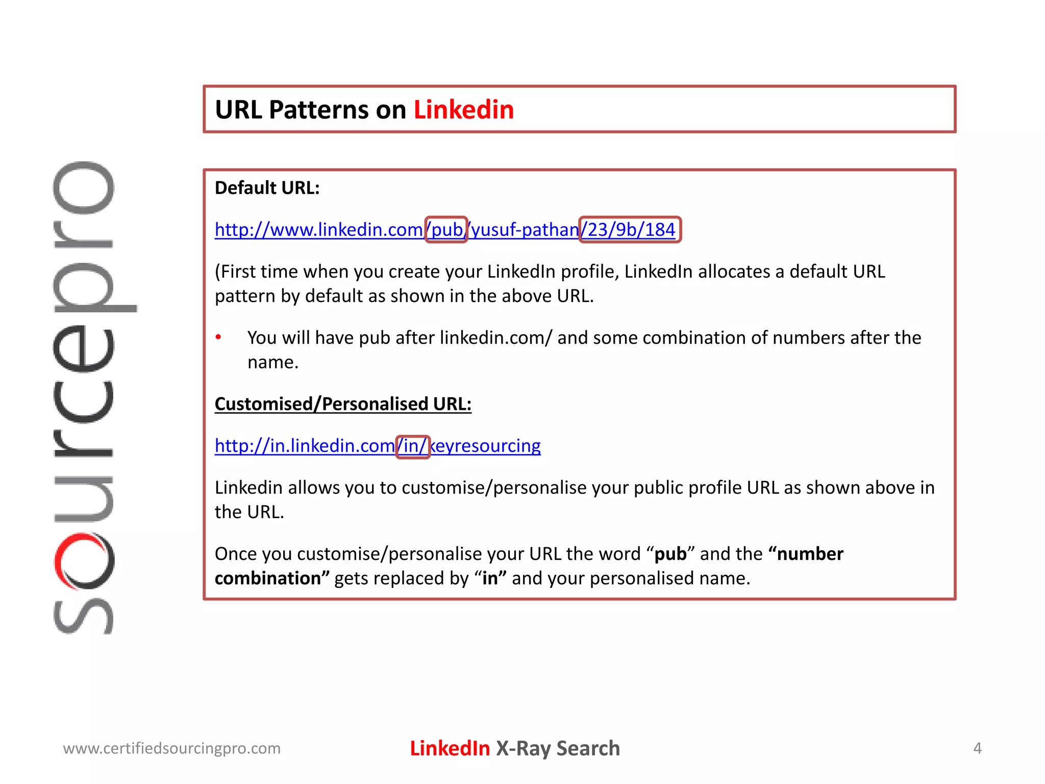 LinkedIn X-Ray Search
URL Patterns on Linkedin
www.certifiedsourcingpro.com 4
Default URL:
http://www.linkedin.com/pub/yusuf-pathan/23/9b/184
(First time when you create your LinkedIn profile, LinkedIn allocates a default URL
pattern by default as shown in the above URL.
• You will have pub after linkedin.com/ and some combination of numbers after the
name.
Customised/Personalised URL:
http://in.linkedin.com/in/keyresourcing
Linkedin allows you to customise/personalise your public profile URL as shown above in
the URL.
Once you customise/personalise your URL the word “pub” and the “number
combination” gets replaced by “in” and your personalised name.
 