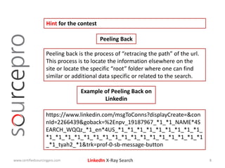 LinkedIn X-Ray Search
Hint for the contest
www.certifiedsourcingpro.com 8
Peeling back is the process of “retracing the path” of the url.
This process is to locate the information elsewhere on the
site or locate the specific “root” folder where one can find
similar or additional data specific or related to the search.
Peeling Back
Example of Peeling Back on
Linkedin
https://www.linkedin.com/msgToConns?displayCreate=&con
nId=2266439&goback=%2Enpv_19187967_*1_*1_NAME*4S
EARCH_WQQz_*1_en*4US_*1_*1_*1_*1_*1_*1_*1_*1_*1_
*1_*1_*1_*1_*1_*1_*1_*1_*1_*1_*1_*1_*1_*1_*1_*1_*1
_*1_tyah2_*1&trk=prof-0-sb-message-button
 