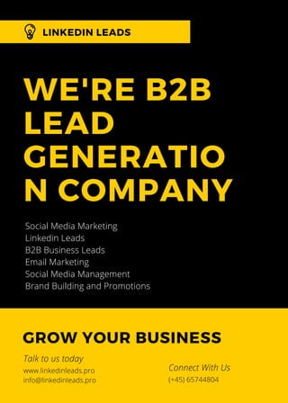 LINKEDIN LEADS
WE'RE B2B
LEAD
GENERATIO
N COMPANY
Social Media Marketing
Linkedin Leads
B2B Business Leads
Email Marketing
Social Media Management
Brand Building and Promotions
GROW YOUR BUSINESS
www.linkedinleads.pro
info@linkedinleads.pro
Talk to us today
(+45) 65744804
Connect With Us
 