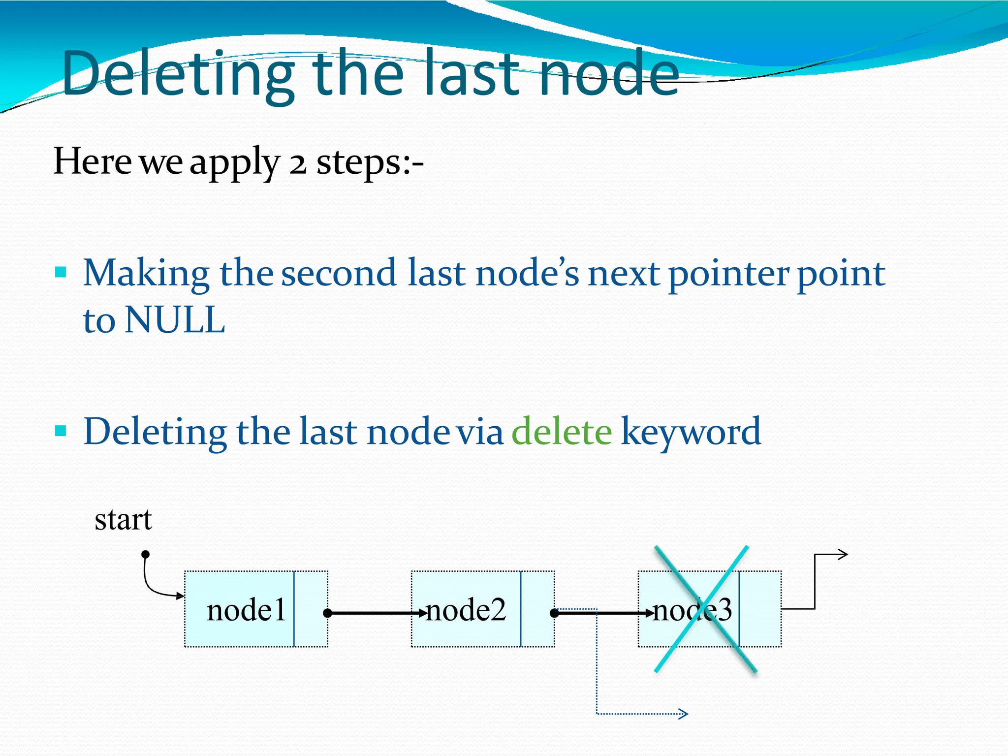 Deleting the last node
node3
node2
node1
Hereweapply 2 steps:-
 Making the second last node’s next pointerpoint
to NULL
 Deleting the last nodevia delete keyword
start
 