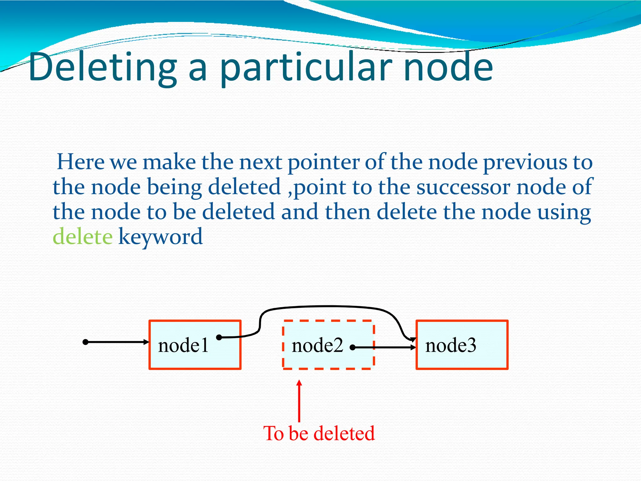 Deleting a particular node
Here we make the next pointer of the node previous to
the node being deleted ,point to the successor node of
the node to be deleted and then delete the node using
delete keyword
node1 node2 node3
To be deleted
 