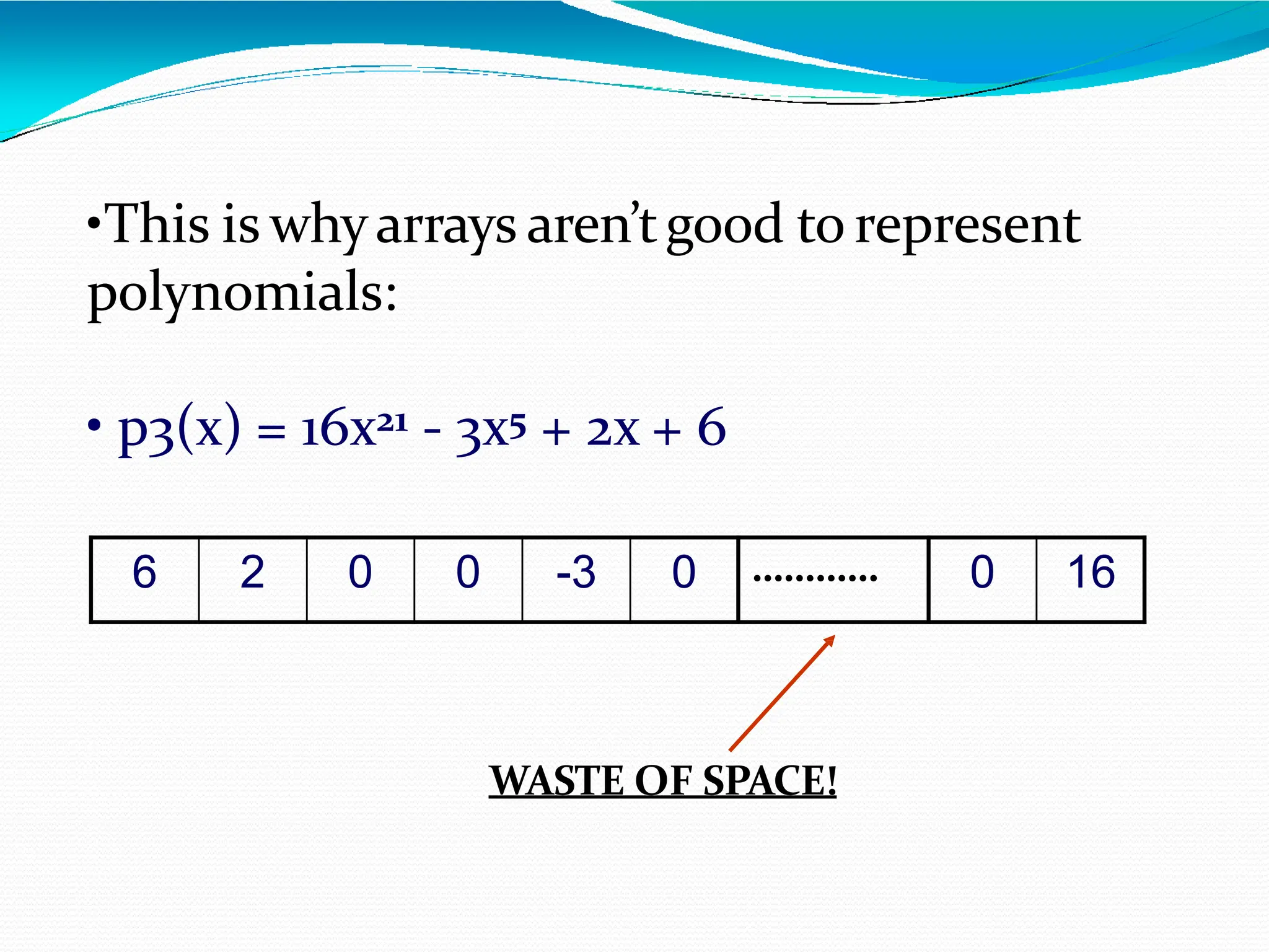 •This is whyarrays aren’tgood to represent
polynomials:
• p3(x) = 16x21 - 3x5 + 2x + 6
6 2 0 0 -3 0 ………… 0 16
WASTE OF SPACE!
 