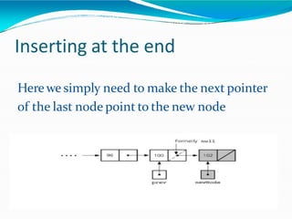 Inserting at the end
Here we simply need to make the next pointer
of the last node point to the new node
 