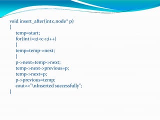 void insert_after(intc,node* p)
{
temp=start;
for(int i=1;i<c-1;i++)
{
temp=temp->next;
}
p->next=temp->next;
temp->next->previous=p;
temp->next=p;
p->previous=temp;
cout<<"nInserted successfully";
}
 