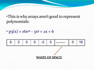 •This is whyarrays aren’tgood to represent
polynomials:
• p3(x) = 16x21 - 3x5 + 2x + 6
6 2 0 0 -3 0 ………… 0 16
WASTE OF SPACE!
 