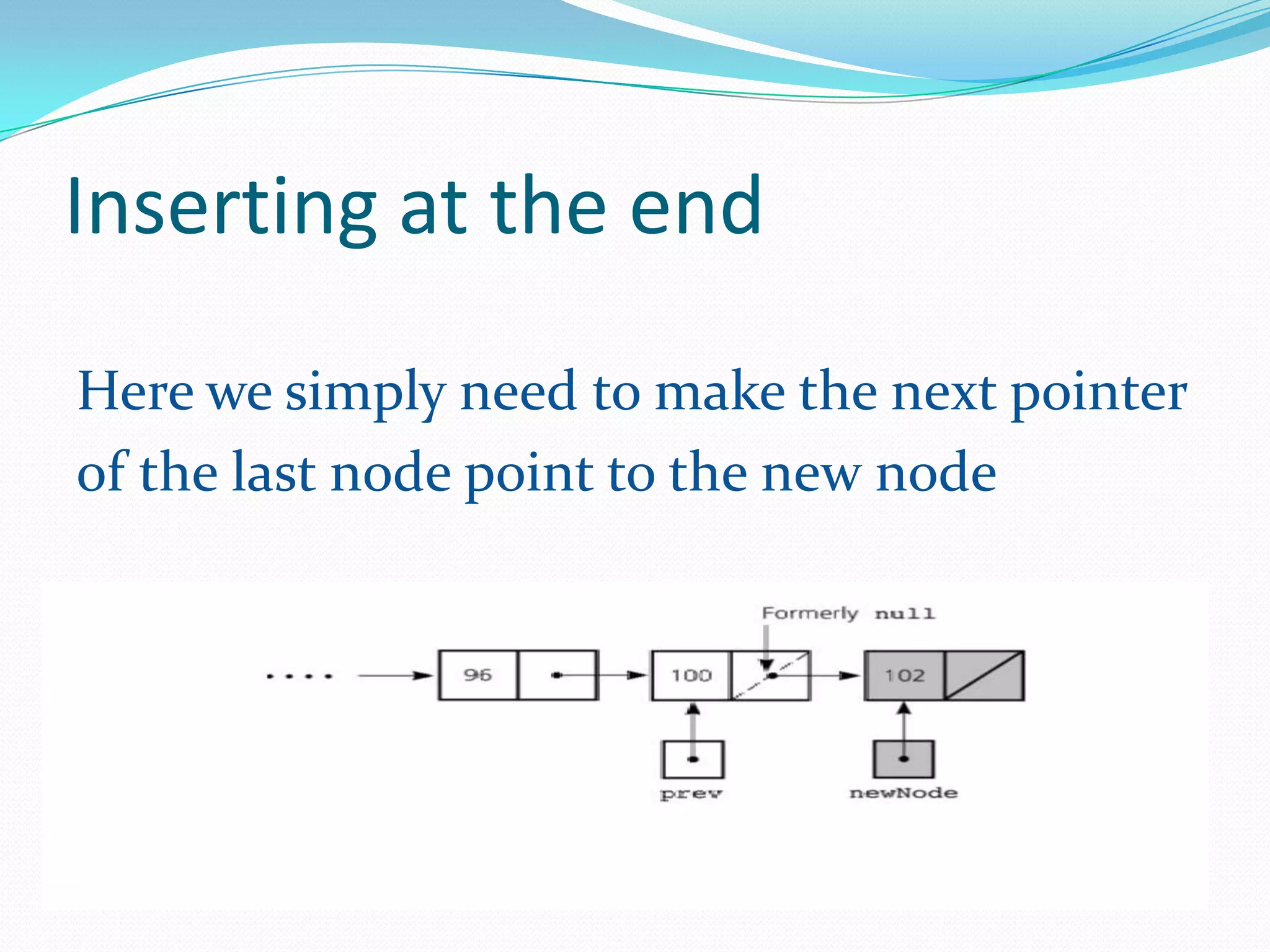 Inserting at the end
Here we simply need to make the next pointer
of the last node point to the new node
 