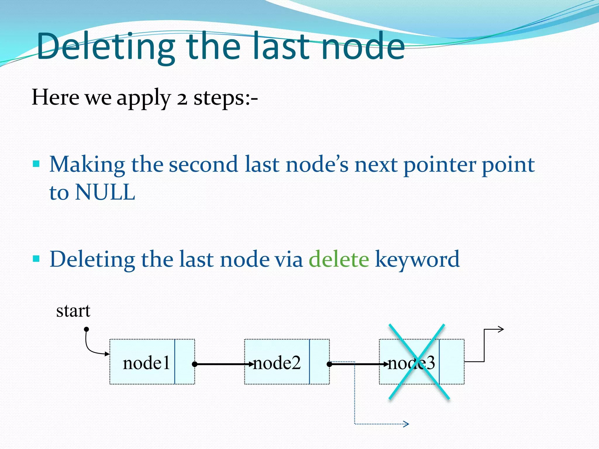 Deleting the last node
Here we apply 2 steps:-
 Making the second last node’s next pointer point
to NULL
 Deleting the last node via delete keyword
node3node2node1
start
 