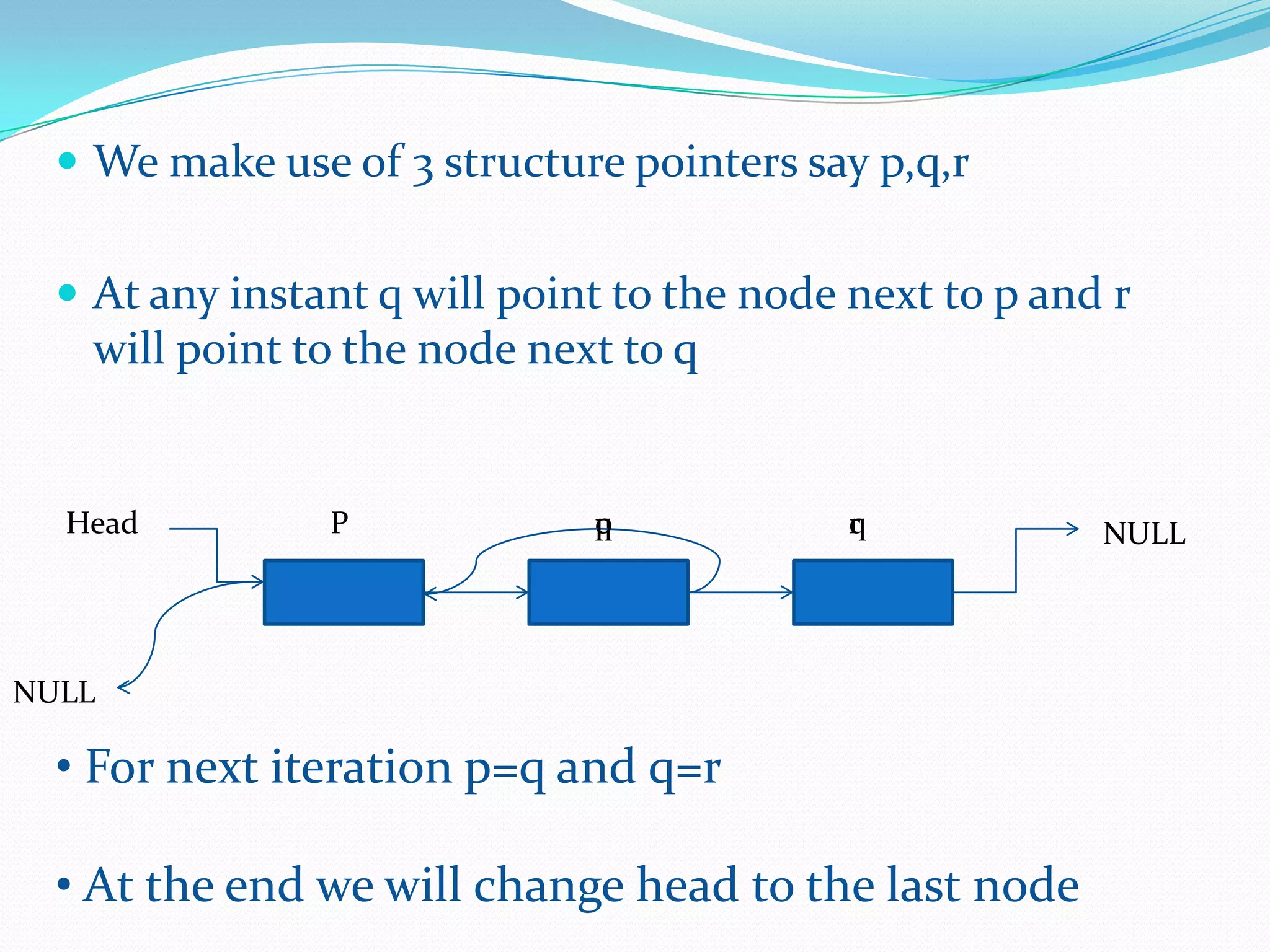  We make use of 3 structure pointers say p,q,r
 At any instant q will point to the node next to p and r
will point to the node next to q
NULLHead P q r
NULL
• For next iteration p=q and q=r
• At the end we will change head to the last node
p q
 