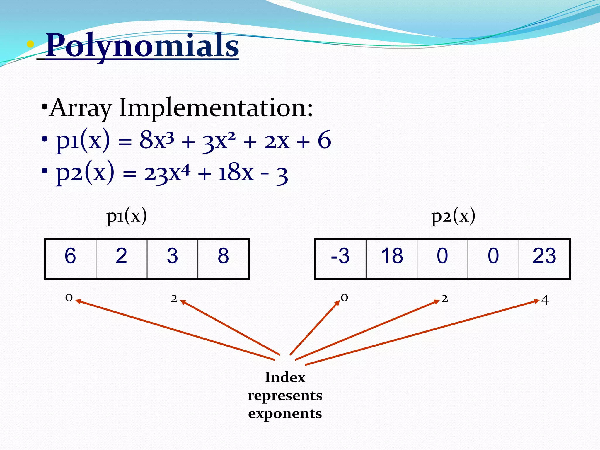 • Polynomials
•Array Implementation:
• p1(x) = 8x3 + 3x2 + 2x + 6
• p2(x) = 23x4 + 18x - 3
6 2 3 8
0 2
Index
represents
exponents
-3 18 0 0 23
0 42
p1(x) p2(x)
 