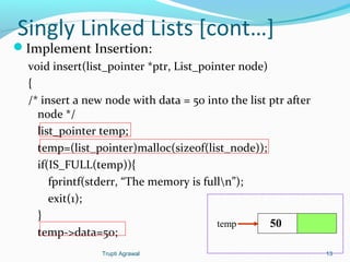 Singly Linked Lists [cont…] 
Implement Insertion: 
void insert(list_pointer *ptr, List_pointer node) 
{ 
/* insert a new node with data = 50 into the list ptr after 
node */ 
list_pointer temp; 
temp=(list_pointer)malloc(sizeof(list_node)); 
if(IS_FULL(temp)){ 
fprintf(stderr, “The memory is fulln”); 
exit(1); 
} 
temp->data=50; 
temp 50 
Trupti Agrawal 13 
 