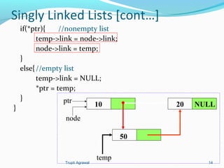 Singly Linked Lists [cont…] 
if(*ptr){ //nonempty list 
temp->link = node->link; 
node->link = temp; 
} 
else{ //empty list 
temp->link = NULL; 
*ptr = temp; 
} 
} 
node 
10 20 
50 
NULL 
temp 
ptr 
Trupti Agrawal 14 
 